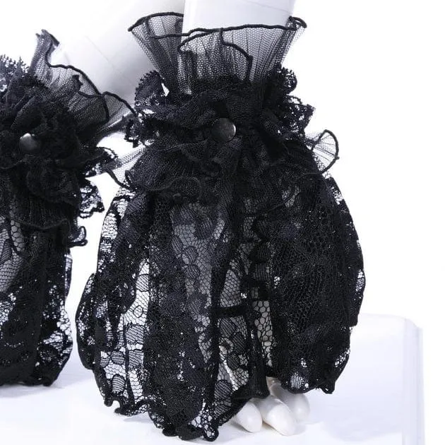 Damen Gothic Crown Halbfinger-Handschuhe aus gerüschter Spitze Schwarz