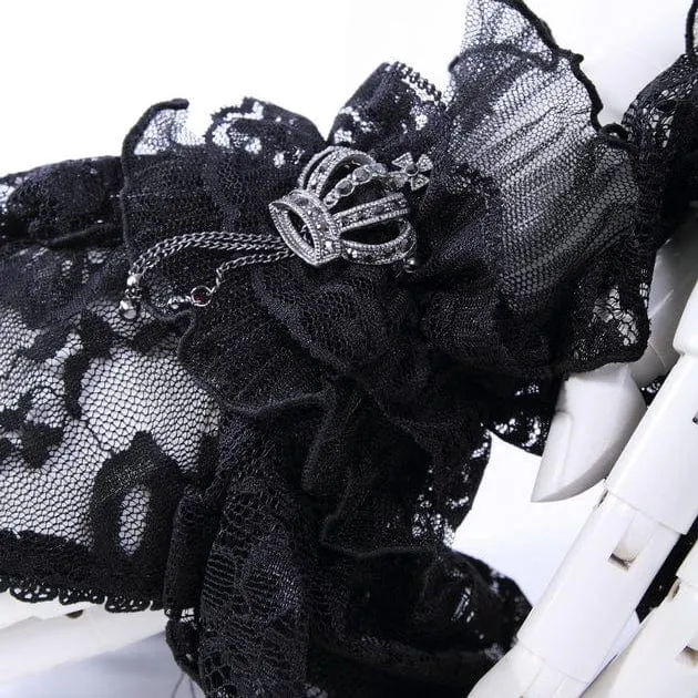 Damen Gothic Crown Halbfinger-Handschuhe aus gerüschter Spitze Schwarz