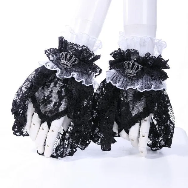 Damen-Gothic-Kronen-Halbfinger-Handschuhe aus gerüschter Spitze, Weiß