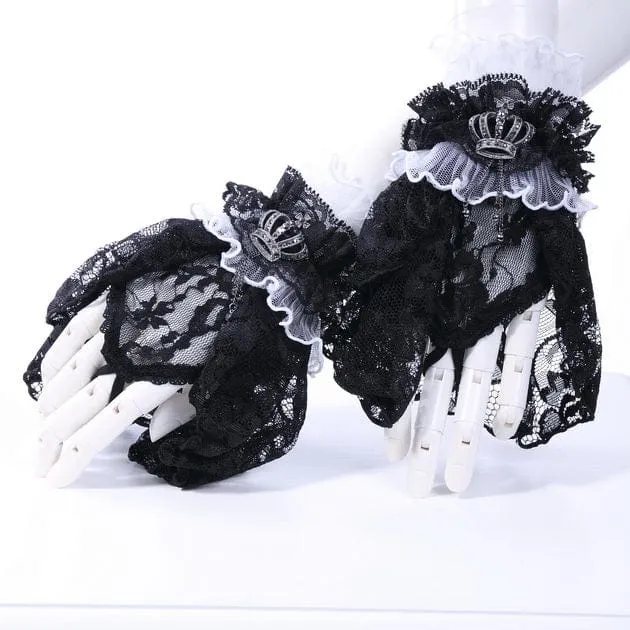 Damen-Gothic-Kronen-Halbfinger-Handschuhe aus gerüschter Spitze, Weiß