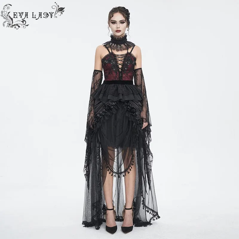 Damen-Gothic-Hemd aus mehrlagiger Spitze mit tiefem Ausschnitt und Ärmelüberzügen