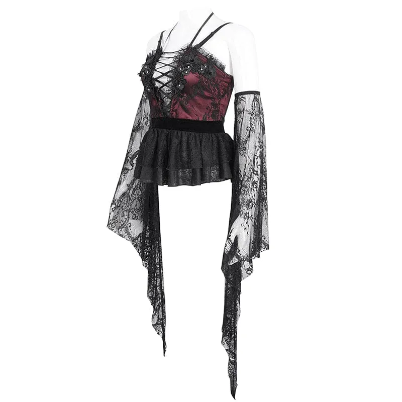 Damen-Gothic-Hemd aus mehrlagiger Spitze mit tiefem Ausschnitt und Ärmelüberzügen