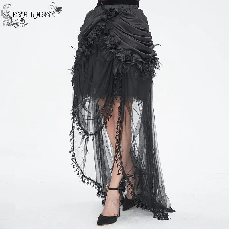 Damen-Gothic-Rock mit Kordelzug und Rosen-Mesh-Spleiß