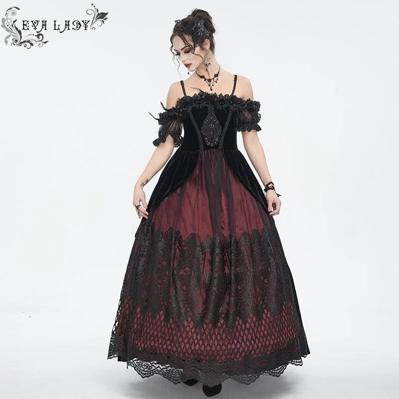 Gothic-Kleid für Damen, schulterfrei, rosafarben, perlenbesetzt, aus rotem Samt, Hochzeitskleid
