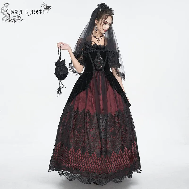 Gothic-Kleid für Damen, schulterfrei, rosafarben, perlenbesetzt, aus rotem Samt, Hochzeitskleid