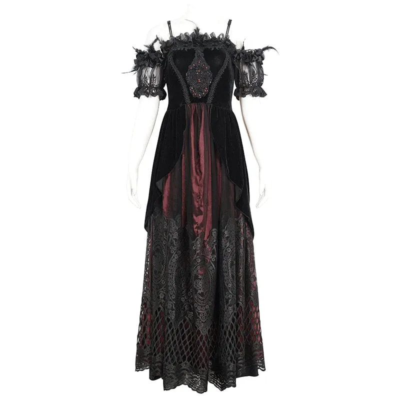Gothic-Kleid für Damen, schulterfrei, rosafarben, perlenbesetzt, aus rotem Samt, Hochzeitskleid