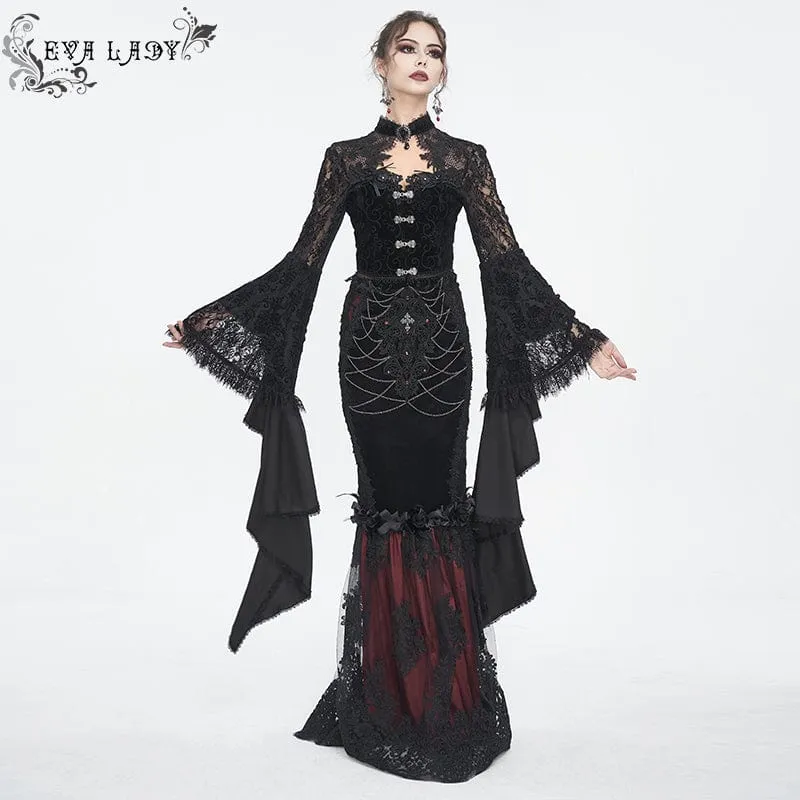 Roter Gothic-Fischschwanzrock mit Blumenstickerei und Spitzenspleiß für Damen
