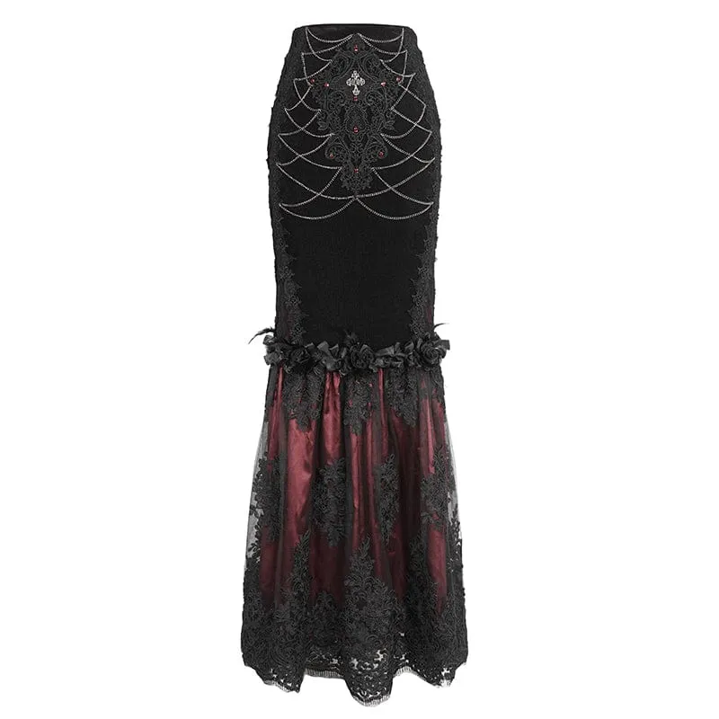 Roter Gothic-Fischschwanzrock mit Blumenstickerei und Spitzenspleiß für Damen
