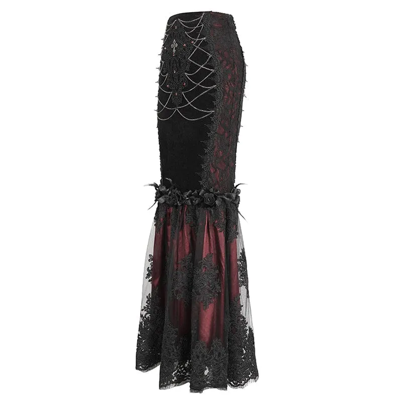 Roter Gothic-Fischschwanzrock mit Blumenstickerei und Spitzenspleiß für Damen
