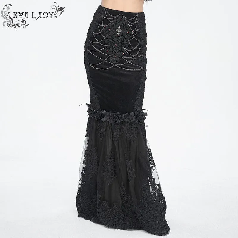 Schwarzer Gothic-Fischschwanzrock mit Blumenstickerei und Spitzenspleiß für Damen
