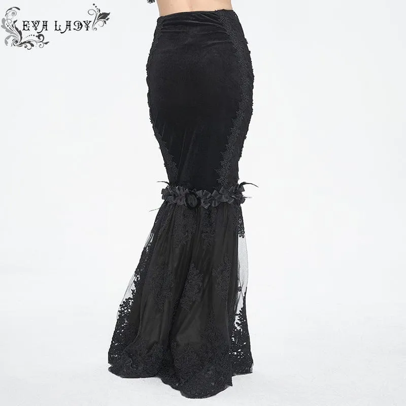 Schwarzer Gothic-Fischschwanzrock mit Blumenstickerei und Spitzenspleiß für Damen