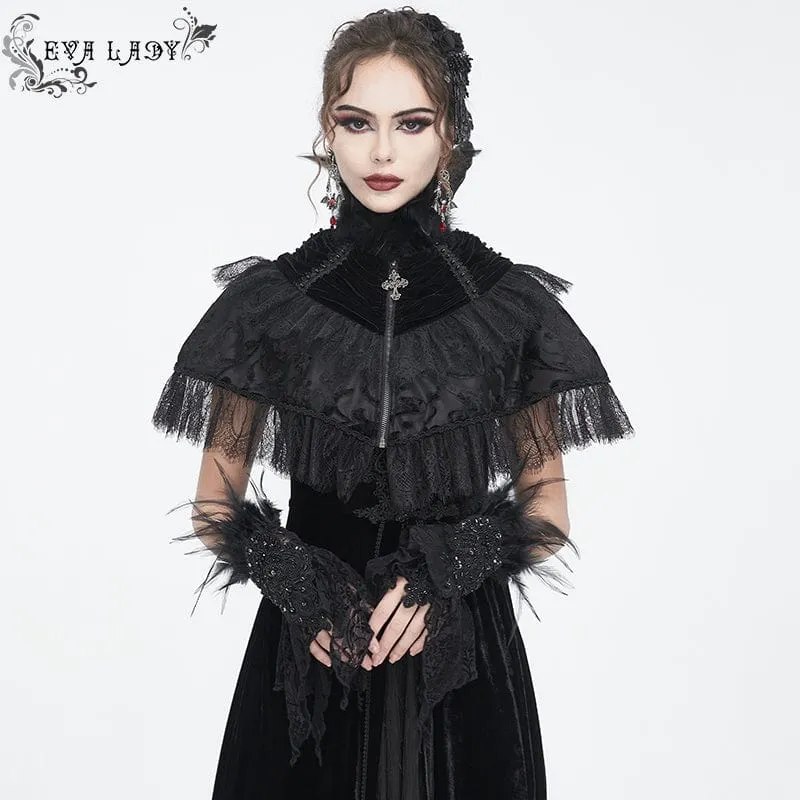 Damen-Handschuhe aus schwarzer Spitze mit unregelmäßigen Federn und Perlen im Gothic-Stil