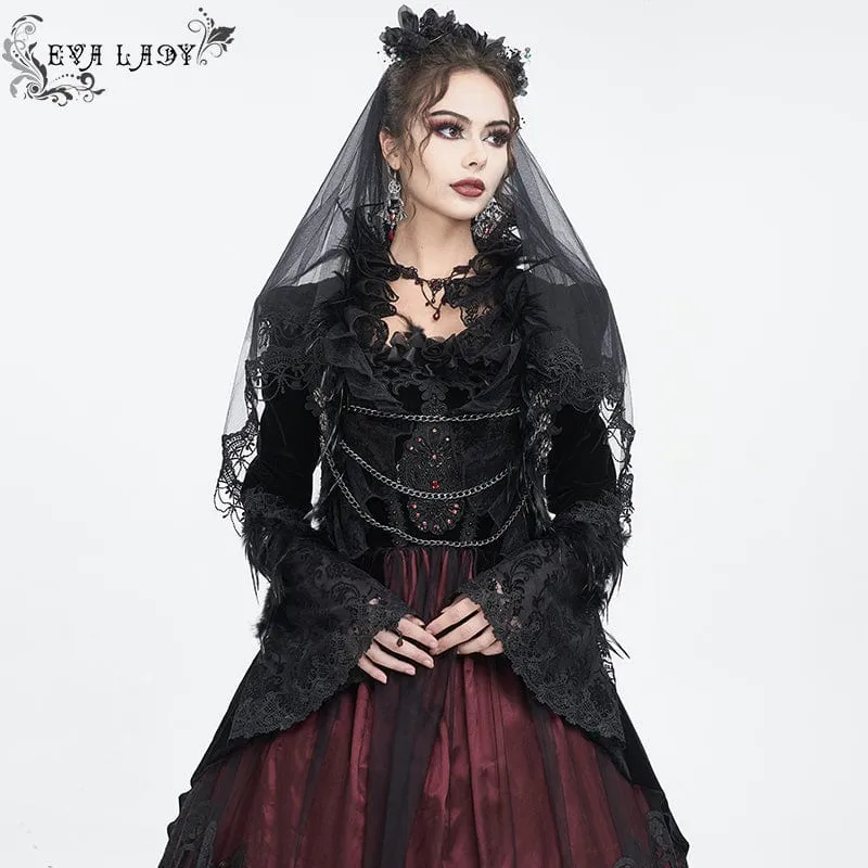Damen-Gothic-Jacke mit Stehkragen, Blumenstickerei und Federn