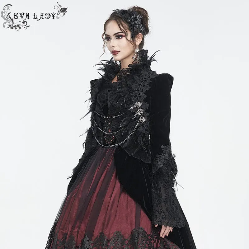 Damen-Gothic-Jacke mit Stehkragen, Blumenstickerei und Federn