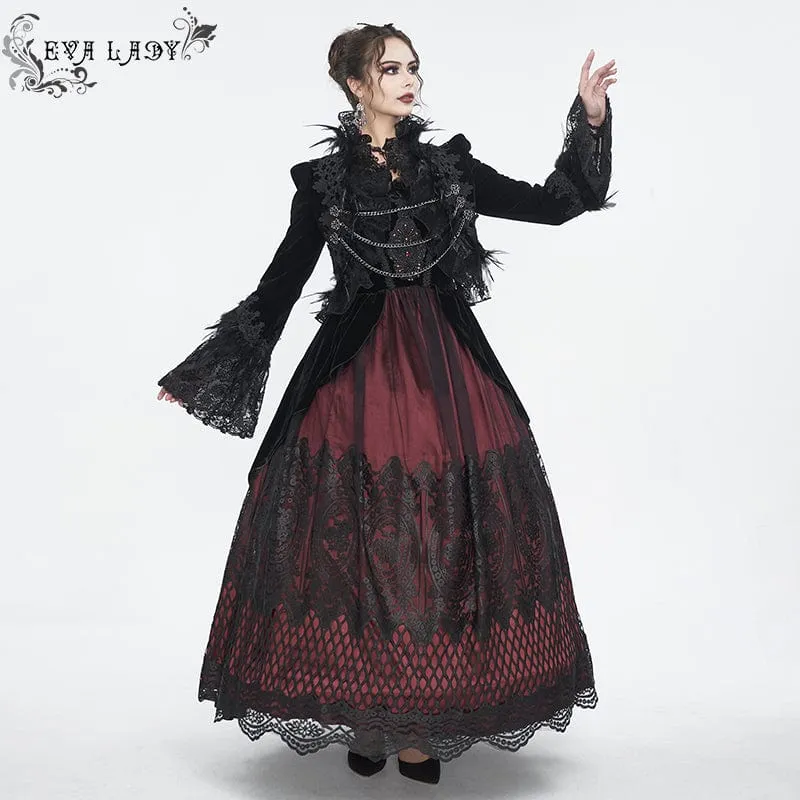 Damen-Gothic-Jacke mit Stehkragen, Blumenstickerei und Federn