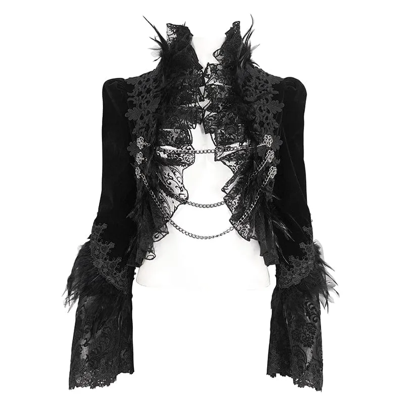 Damen-Gothic-Jacke mit Stehkragen, Blumenstickerei und Federn