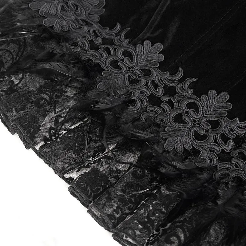 Damen-Gothic-Jacke mit Stehkragen, Blumenstickerei und Federn