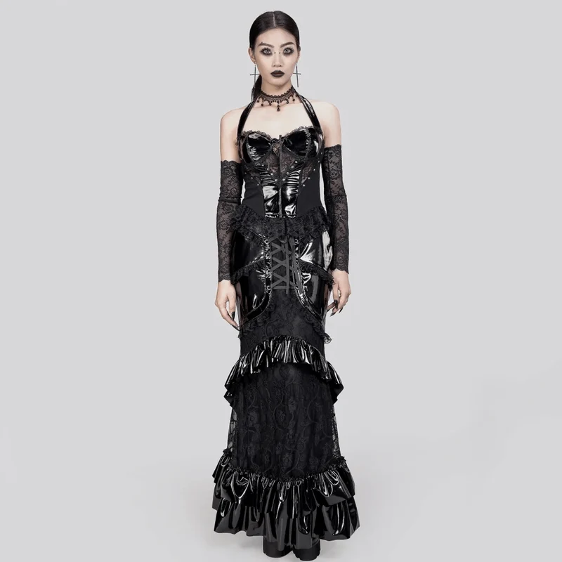 Damen Gothic Neckholder-Weste mit tiefem Spitzen-Splice-Ausschnitt