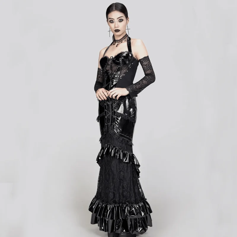 Damen Gothic Neckholder-Weste mit tiefem Spitzen-Splice-Ausschnitt