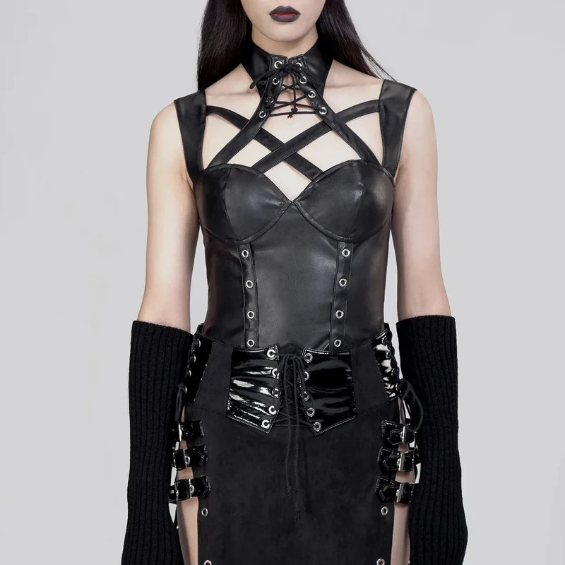 Damen-Gothic-Weste aus Kunstleder mit Stehkragen und Ausschnitt