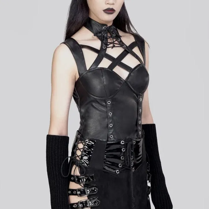 Damen-Gothic-Weste aus Kunstleder mit Stehkragen und Ausschnitt