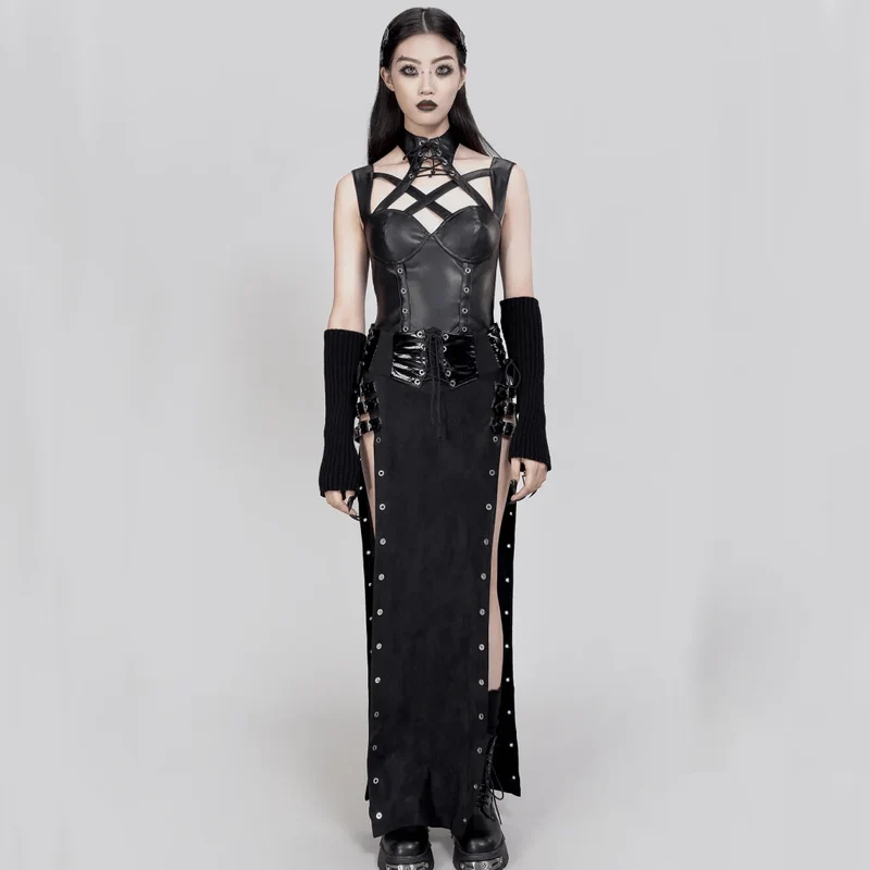 Damen-Gothic-Weste aus Kunstleder mit Stehkragen und Ausschnitt