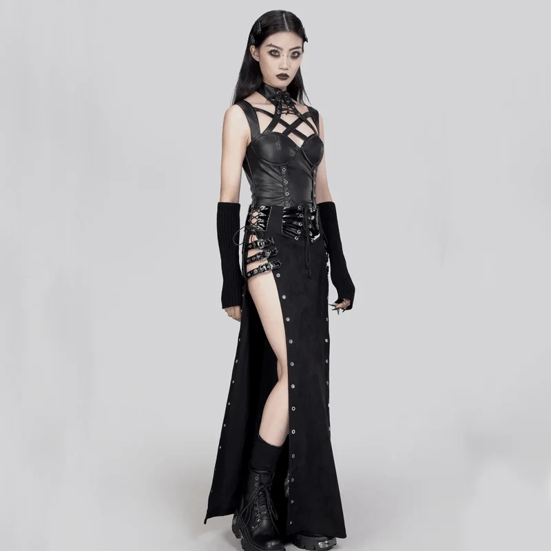 Damen-Gothic-Weste aus Kunstleder mit Stehkragen und Ausschnitt