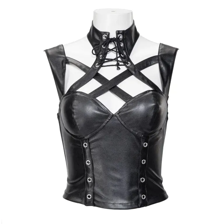 Damen-Gothic-Weste aus Kunstleder mit Stehkragen und Ausschnitt