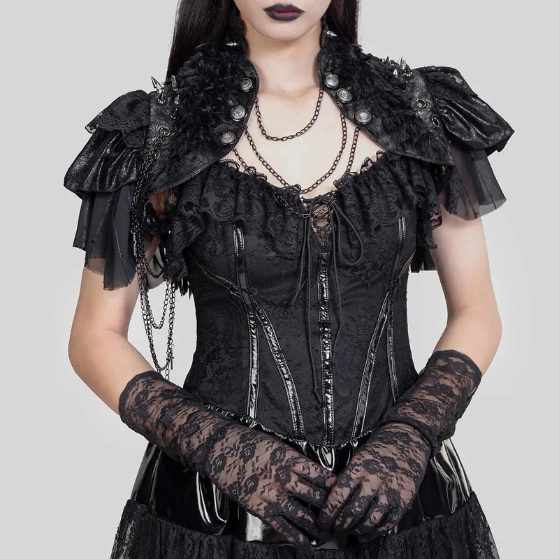 Gothic-Umhang aus Kunstleder mit Stehkragen und Nieten für Damen