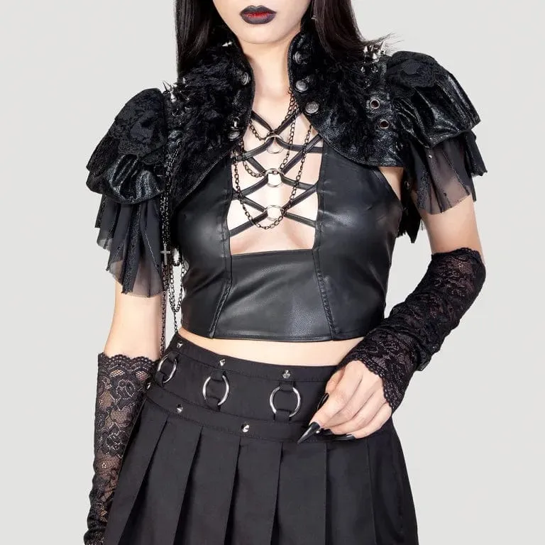 Gothic-Umhang aus Kunstleder mit Stehkragen und Nieten für Damen