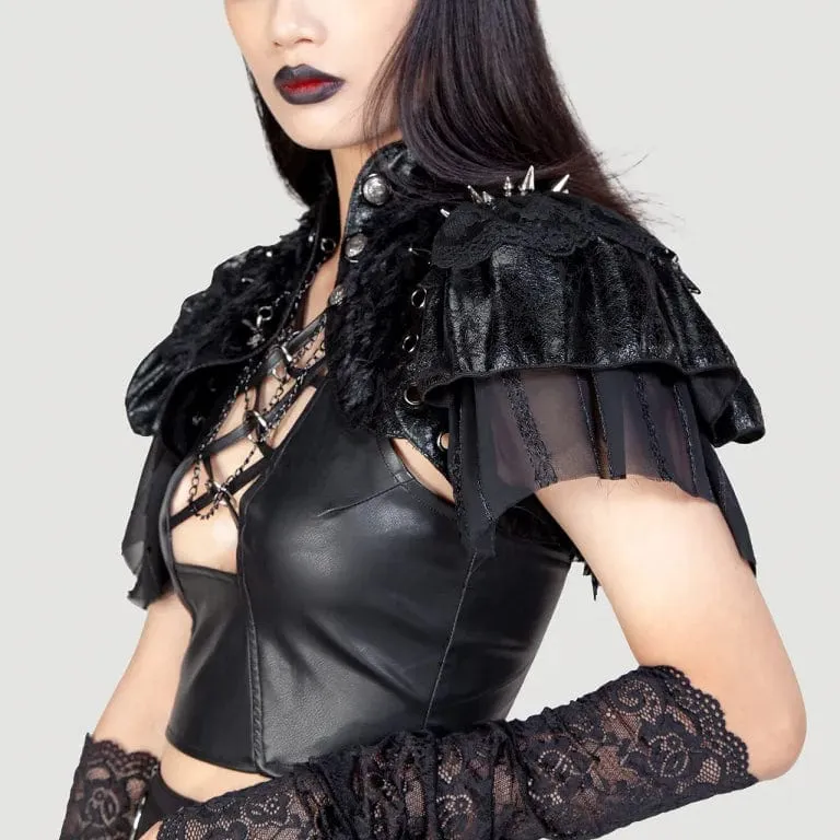 Gothic-Umhang aus Kunstleder mit Stehkragen und Nieten für Damen