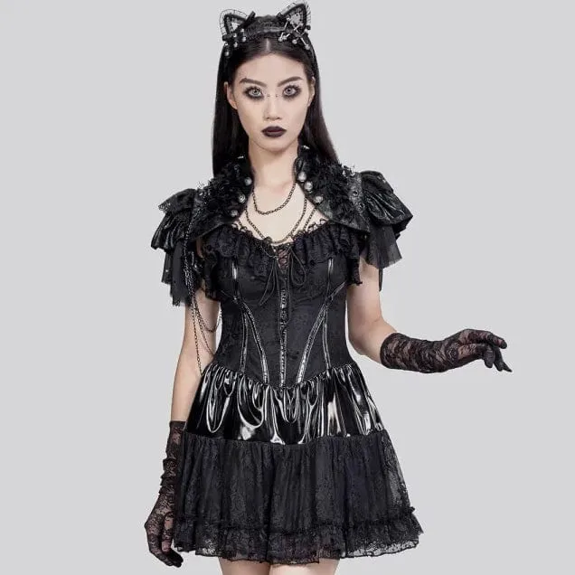 Gothic-Umhang aus Kunstleder mit Stehkragen und Nieten für Damen