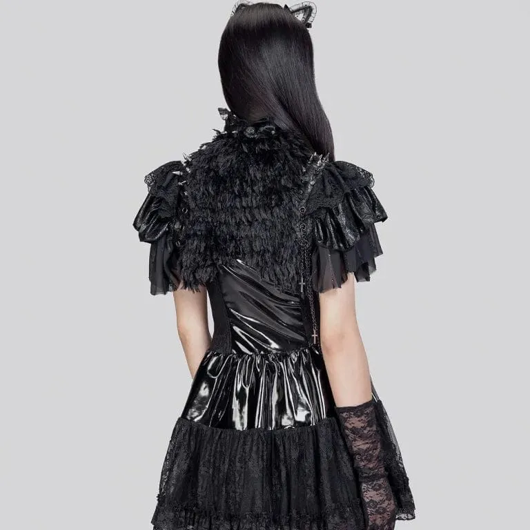 Gothic-Umhang aus Kunstleder mit Stehkragen und Nieten für Damen