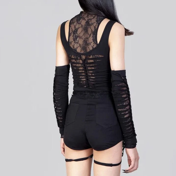 Damen Gothic Rippes Mesh Splice Tank Top mit Ärmelärmeln