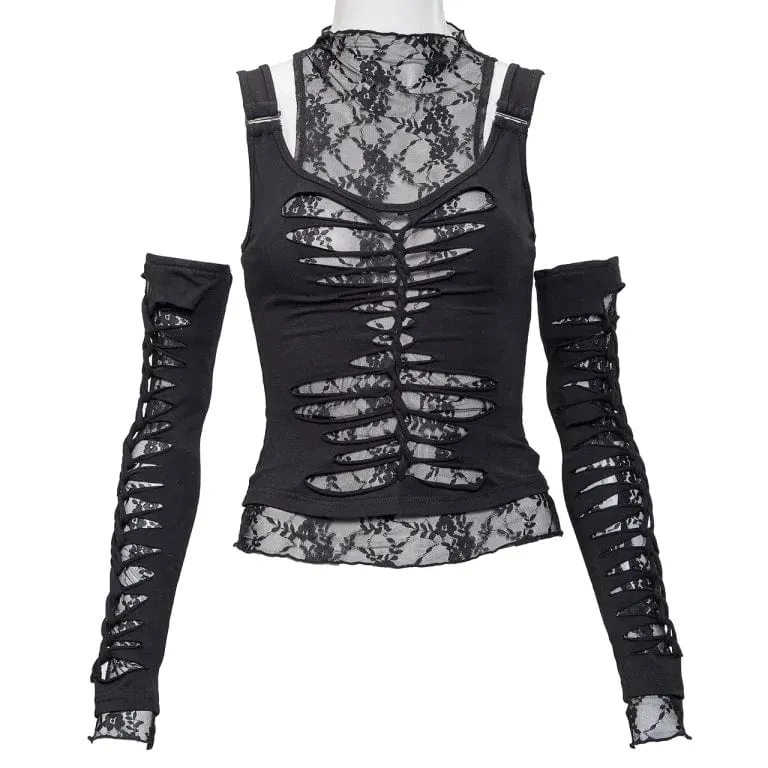 Damen Gothic Rippes Mesh Splice Tank Top mit Ärmelärmeln