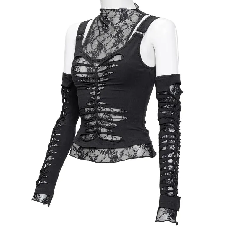 Damen Gothic Rippes Mesh Splice Tank Top mit Ärmelärmeln