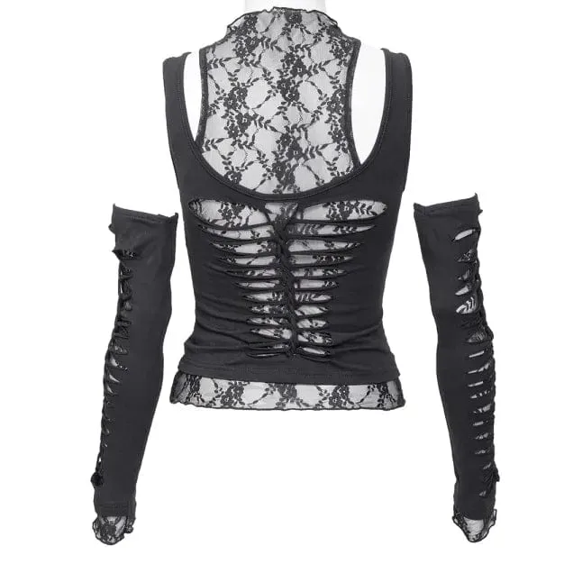 Damen Gothic Rippes Mesh Splice Tank Top mit Ärmelärmeln