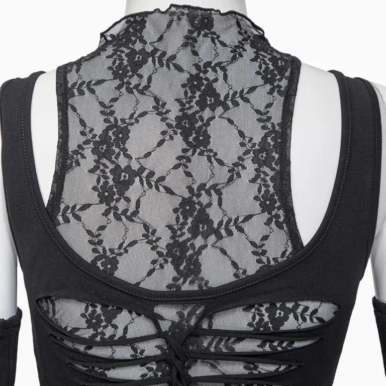 Damen Gothic Rippes Mesh Splice Tank Top mit Ärmelärmeln