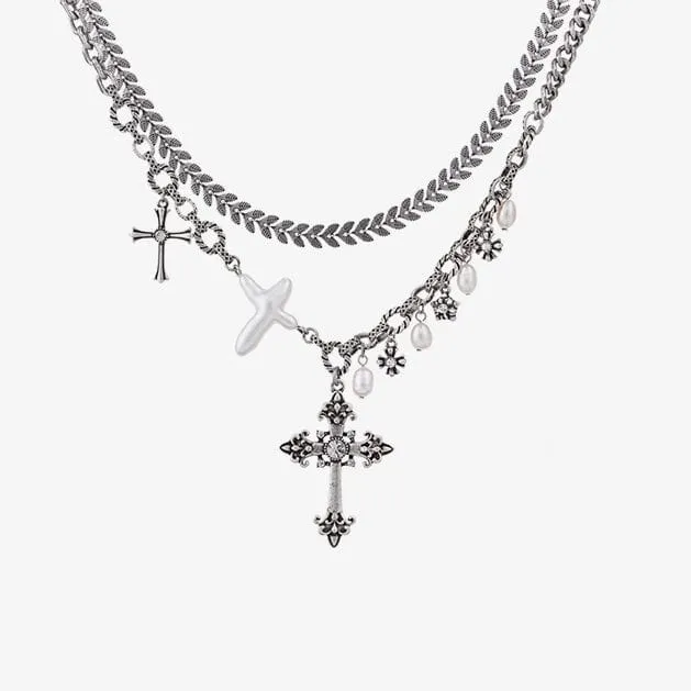 Punk-Blumenkreuz-Perlenkette für Damen