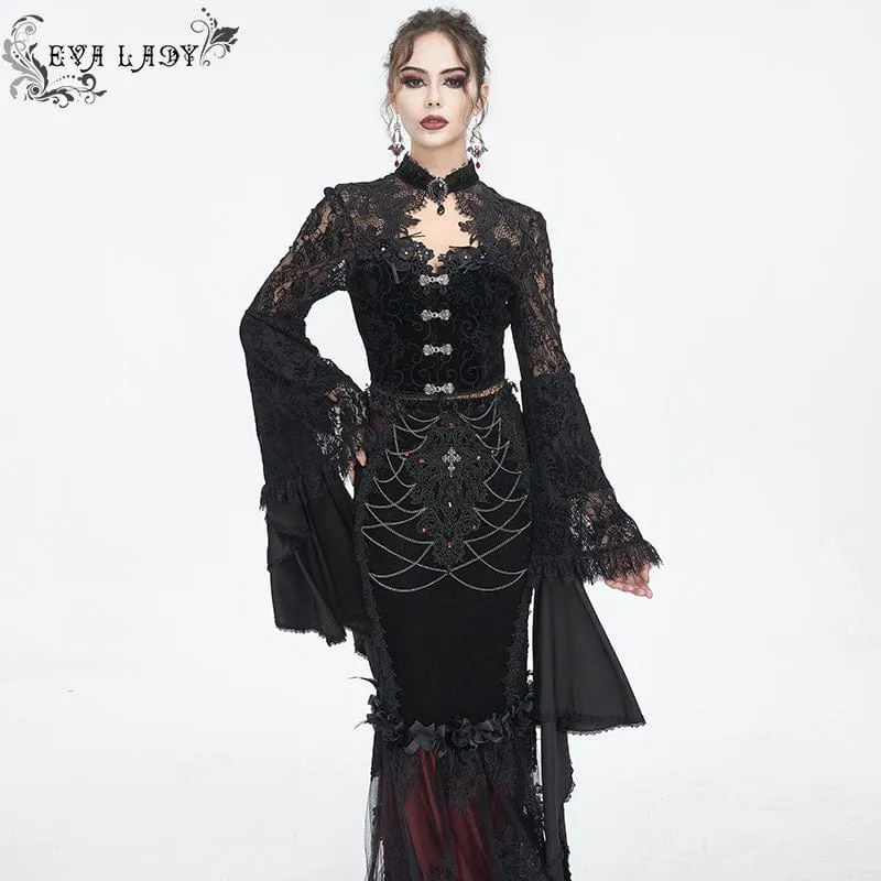 Gothic-Spitze-Spleißhemd mit ausgestellten Ärmeln für Damen