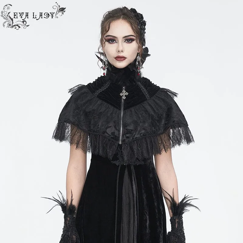 Gothic-Umhang aus Samt mit Spitzenspleiß und Federn für Damen