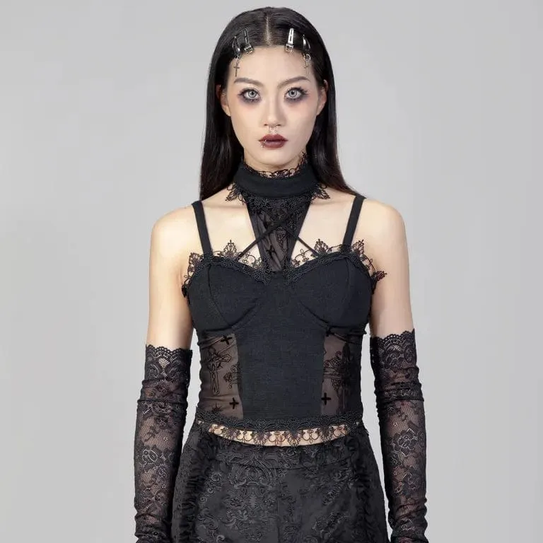Damen Gothic Stehkragen Mesh Splice Tank Top