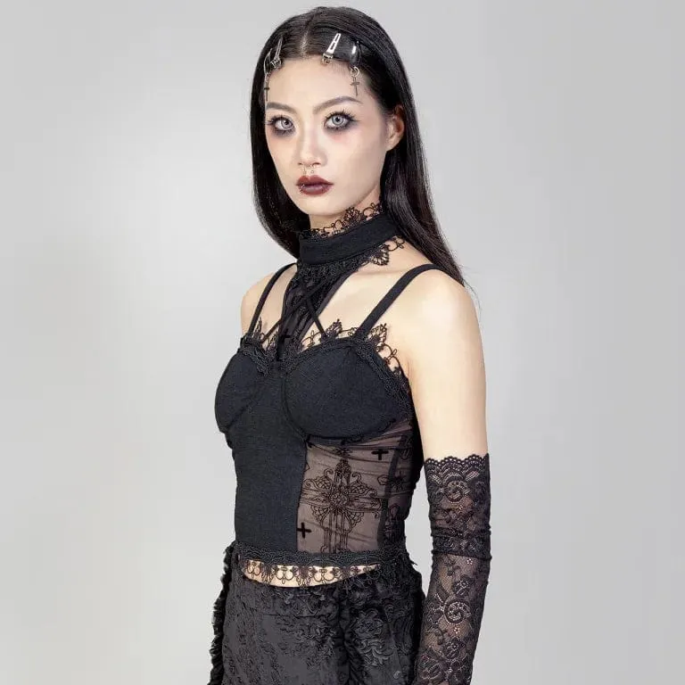 Damen Gothic Stehkragen Mesh Splice Tank Top