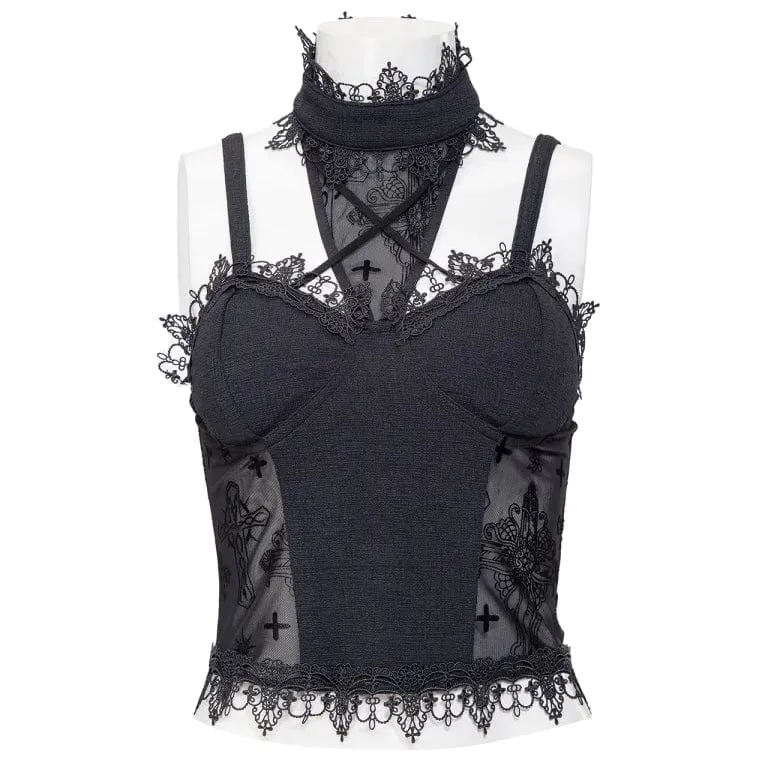 Damen Gothic Stehkragen Mesh Splice Tank Top