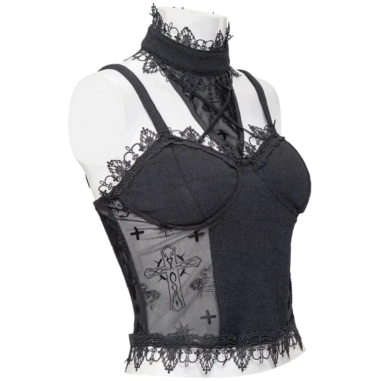 Damen Gothic Stehkragen Mesh Splice Tank Top