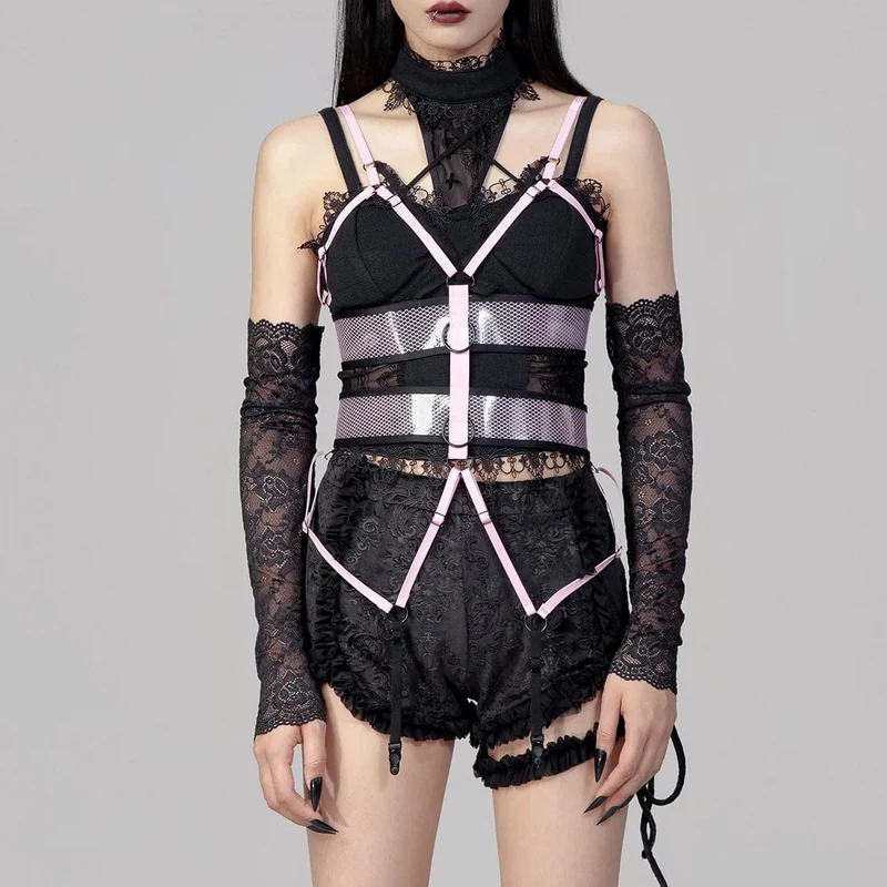 Damen Punk Straps Mesh Body Harness Rosa