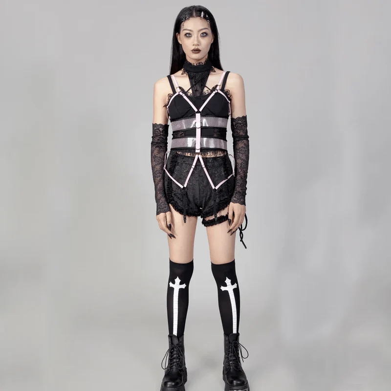 Damen Punk Straps Mesh Body Harness Rosa