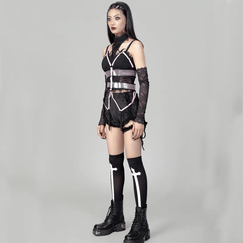 Damen Punk Straps Mesh Body Harness Rosa