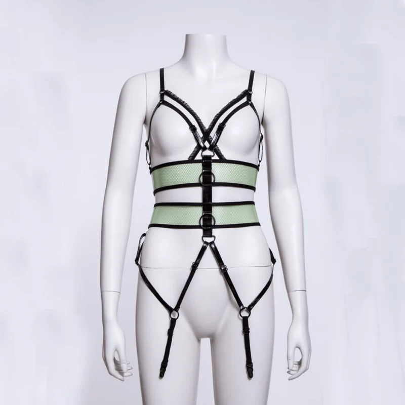 Damen Punk Straps Mesh Body Harness Grün