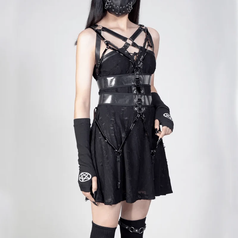Damen Punk Straps Mesh Body Harness Schwarz